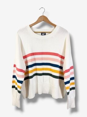 Lands End Drifter Sweater Size XL 18 White Rainbow Stripe Nautical Preppy Casual